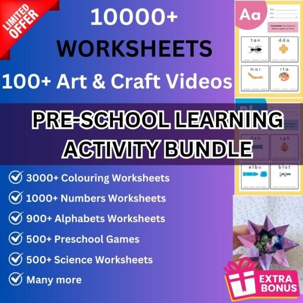 10000+ Kids Preschool Learning Educational Activity Worksheets Bundle and 100+ Art & Craft Videos (Digital Files)