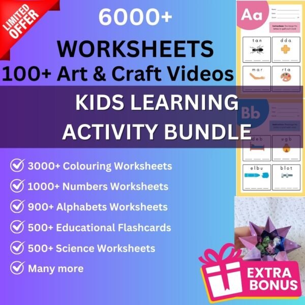 6000+ Kids Preschool Learning Educational Activity Worksheets Bundle and 100+ Art & Craft Videos (Digital Files)