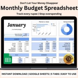 Monthly Budget Planner Spreadsheet (Digital Files)