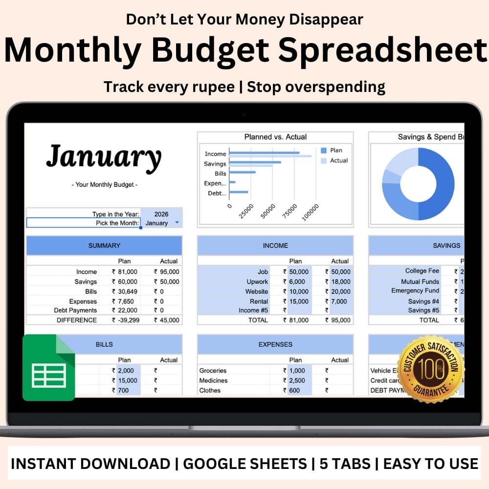 Monthly Budget Planner Spreadsheet (Digital Files)