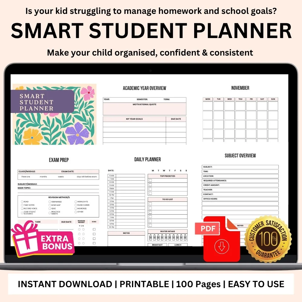 Smart Student Planner | 100-Page Printable | Study + Homework + Exam Tracker (Digital Files) - Image 3