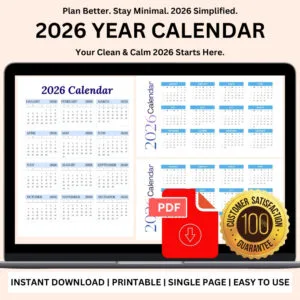 2026 Year Calendar – Minimal Design - Printable & Instant Download (Digital Files)